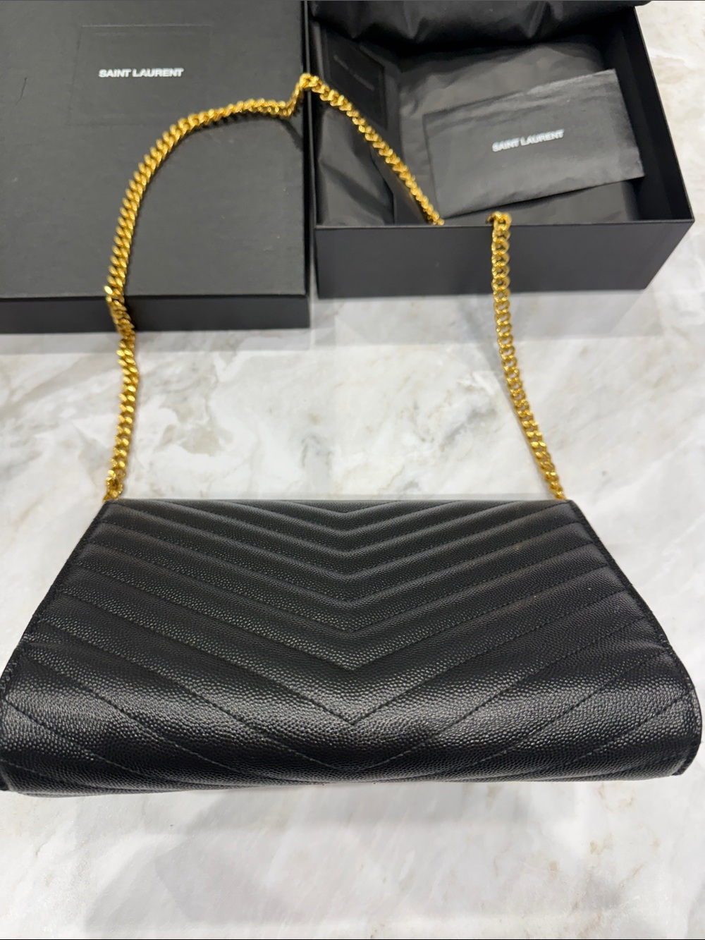 Saint Laurent Black Quilted Leather Chain Crossbody with Gold YSL Logo - Picture 7 of 8